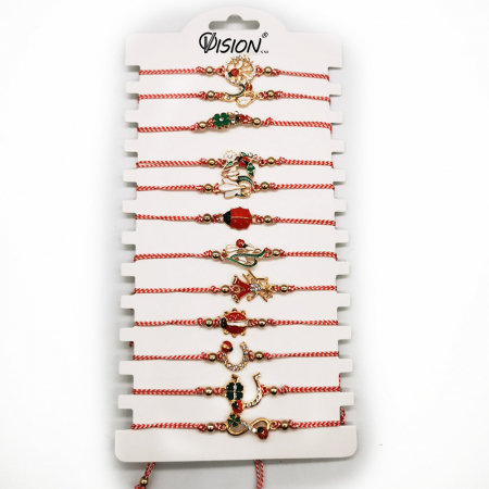 Martisor - Pachet de 12 Bratari Martisor, reglabile, cu snur alb-rosu, Diverse Simboluri, neambalate individual, medalioane aurii, Colectia VisionXXI