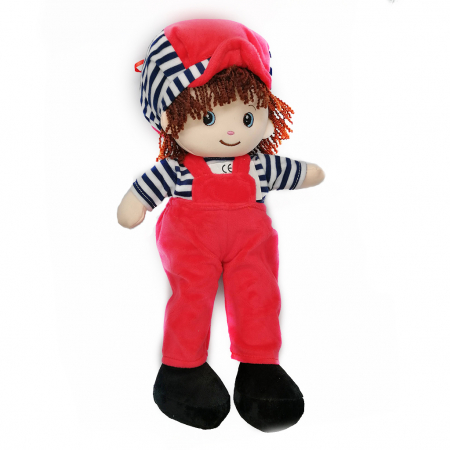 Papusi - Papusa de Plus 40cm, Baietel in Salopeta Rosie si Sapca  care spune Rugaciunea