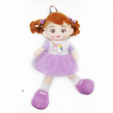 Papusi - Papusa de plus ADA, 40cm, in rochita Mov cu Unicorn, care spune in Limba Romana Rugaciunea