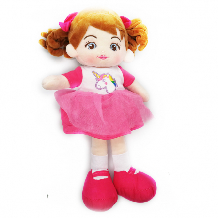 Papusi - Papusa de plus ADA, 40cm, in rochita Roz cu Unicorn, care spune in Limba Romana Rugaciunea