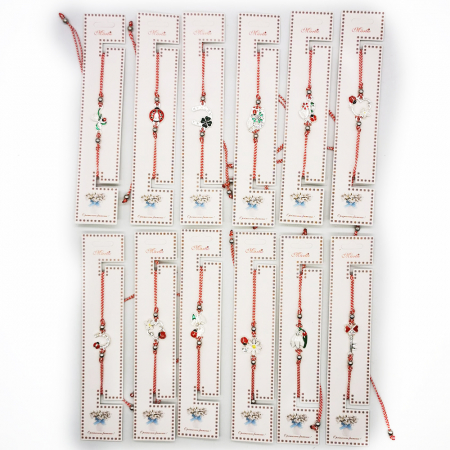 Martisor - Set 12 Bratari de Martisor, reglabile, Diverse Simboluri, ambalate individual, cu medalion si bile, Fond Argintiu, Colectia VisionXXI