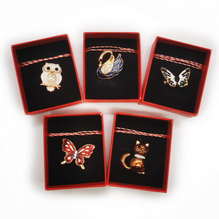 Articole Sezon - Set 5 martisoare tip brosa, din metal auriu decorat cu cristale, in cutie satinata cu catifea neagra, Colectia VisionXXI