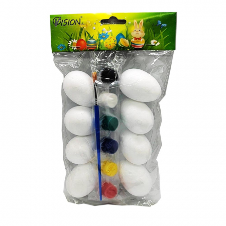 Paste - Set 8 Oua de Polistiren, pentru Decorat, cu acuarele si pensule, 6x4cm, VisionXXI