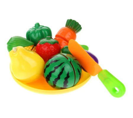 Bucatarii copii - Set de Legume si Fructe de Taiat, Cutit si Farfurioara Incluse in Set, Piese Unite cu Velcro, Dezvolta Indemanarea, Multicolor