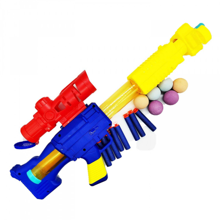Arme de jucarie - Set Pusca cu Compresie, 14 piese, 45 cm, 2 in 1, cu gloante tip Nerf sau Bile din Burete, Raza mare de actiune, VisionXXI