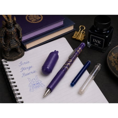 Papetarie - articole scolare - Set Stilou Dual cu Cerneala Termosensibila, Patron si Rezervor, Mecanism Click, Penita Retractabila, Grip Cauciucat, Guma de Sters, Mov, VisionXXI