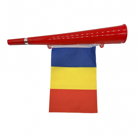 Articole suporteri - Vuvuzela cu Steag Tricolor "Hai Romania", 36cm, Euro 2024, rosu, VisionXXI
