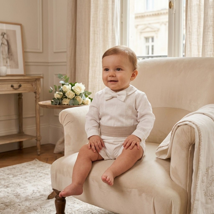 Set botez baieti compus din trusou  Glamour în cufar din catifea cu lumanare si costumaș ivoire [2]