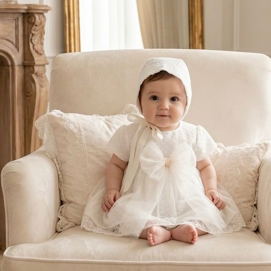 Set botez fetițe compus din trusou Elegance  in cufar din catifea cu lumanare si rochita ivoire [2]