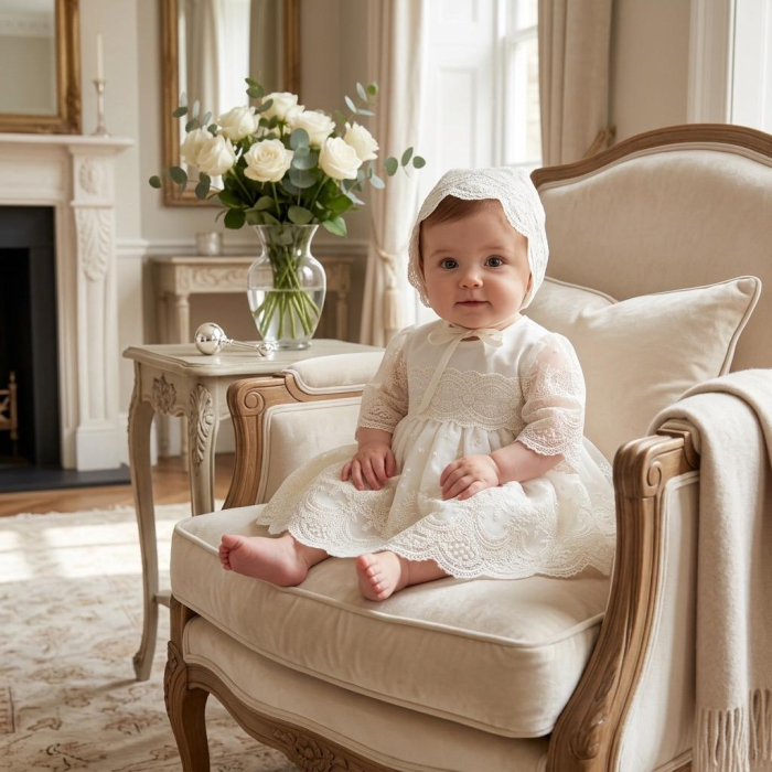 Set botez fetițe compus din trusou Glamour in cufar din catifea cu lumanare si rochita ivoire [2]