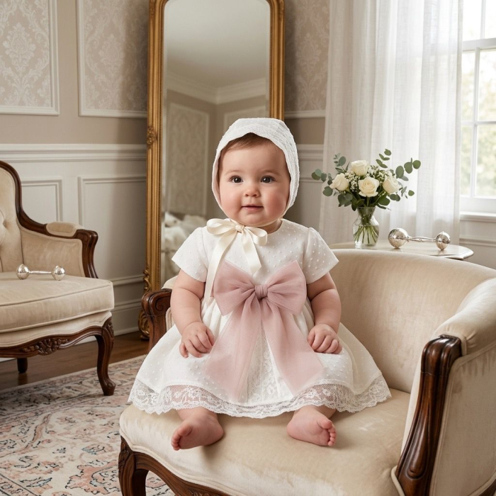 Set botez fetițe compus din trusou Glamour in cufar din catifea cu lumanare si rochita ivoire [2]