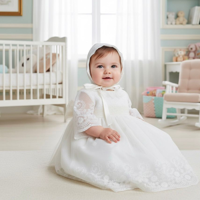 Set botez fetițe compus din trusou Glamour in cufar din catifea cu lumanare si rochita ivoire [2]