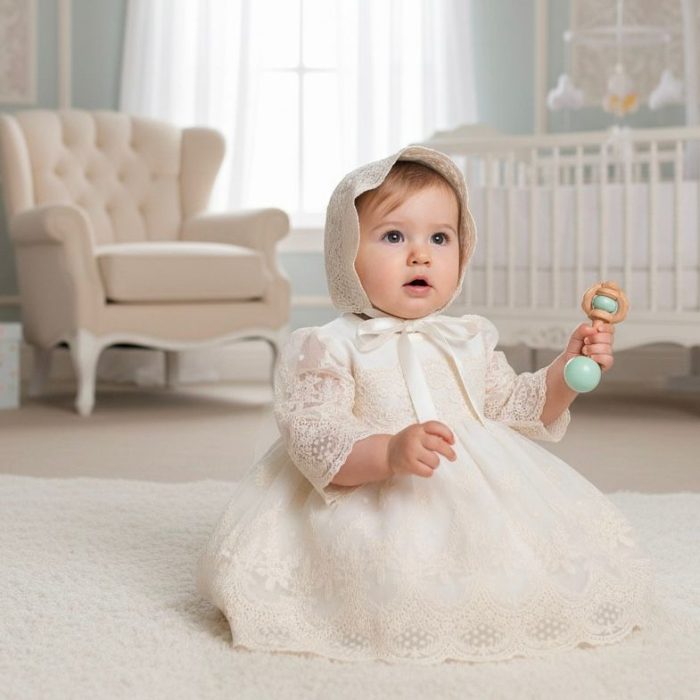 Set botez fetițe compus din trusou Glamour in cufar din catifea cu lumanare si rochita  ivoire [2]