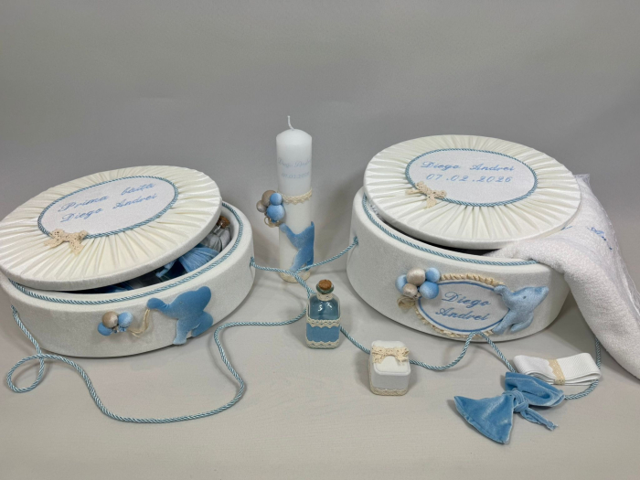 Set trusou botez la cufar din catifea si lumanare+ Set prima baita Luxury [7]