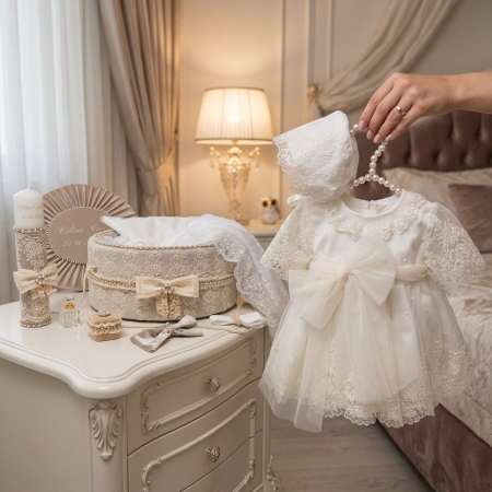 Seturi botez fetite - Set botez fetițe compus din trusou Glamour in cufar din catifea cu lumanare si rochita ivoire