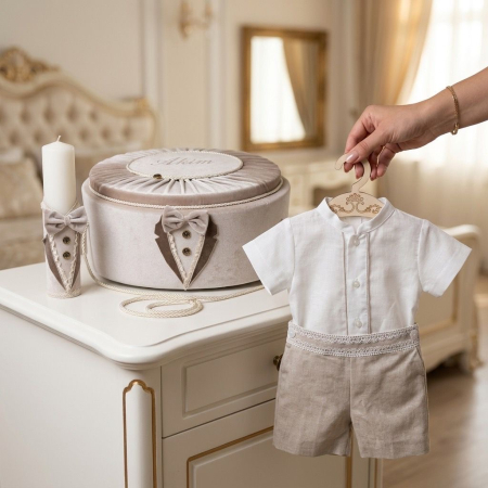 Seturi botez baieti - Set botez baieti compus din trusou Deluxe în cufar din catifea cu lumanare si costumaș ivoire