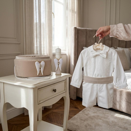 Seturi botez baieti - Set botez baieti compus din trusou  Glamour în cufar din catifea cu lumanare si costumaș ivoire