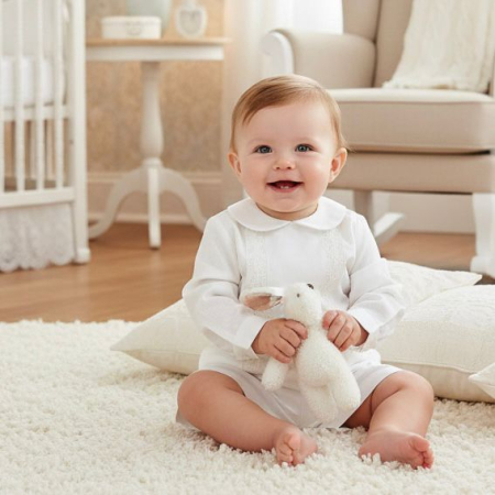 Set botez baieti compus din trusou Luxury în cufar din catifea cu lumanare si costumaș  ivoire [1]