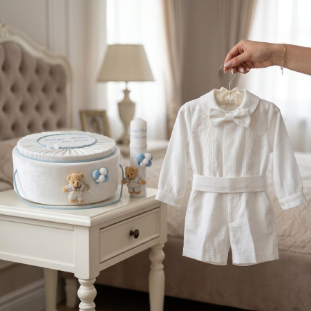 Seturi botez baieti - Set botez baieti compus din trusou Premium  în cufar din catifea cu lumanare si costumaș ivoire