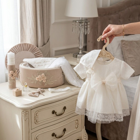 Seturi botez fetite - Set botez fetițe compus din trusou Elegance  in cufar din catifea cu lumanare si rochita ivoire