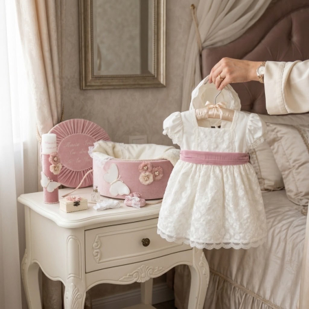 Seturi botez fetite - Set botez fetițe compus din trusou Elegance in cufar din catifea cu lumanare si rochita ivoire