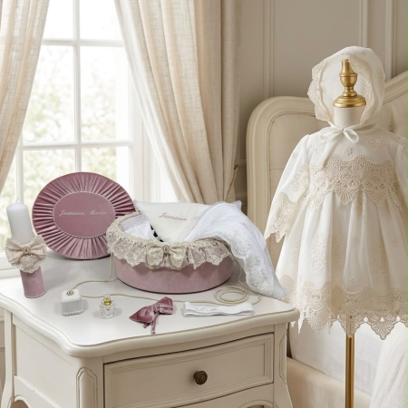 Seturi botez fetite - Set botez fetițe compus din trusou Elegance in cufar din catifea cu lumanare si rochita ivoire