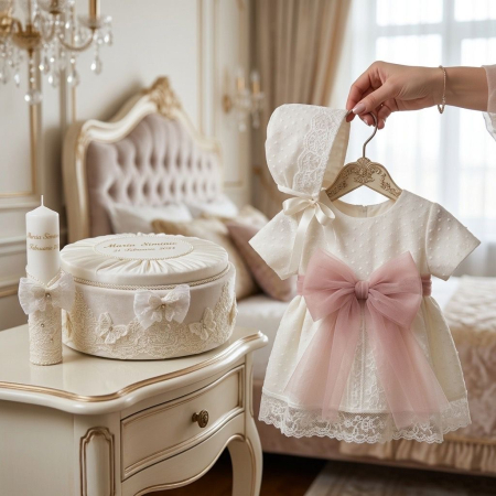 Seturi botez fetite - Set botez fetițe compus din trusou Glamour in cufar din catifea cu lumanare si rochita ivoire