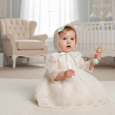 Set botez fetițe compus din trusou Glamour in cufar din catifea cu lumanare si rochita  ivoire [1]