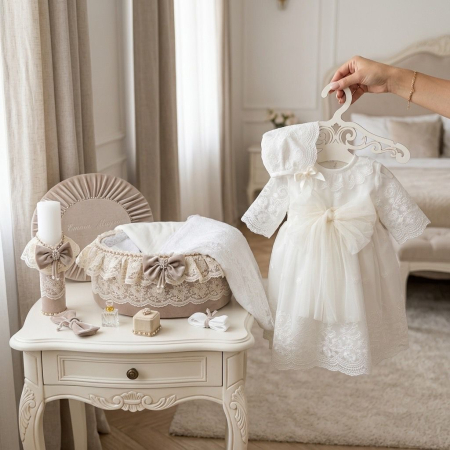 Seturi botez fetite - Set botez fetițe compus din trusou Glamour in cufar din catifea cu lumanare si rochita ivoire