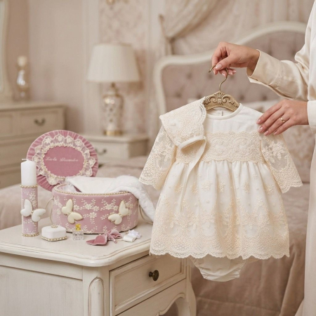 Seturi botez fetite - Set botez fetițe compus din trusou Glamour in cufar din catifea cu lumanare si rochita  ivoire