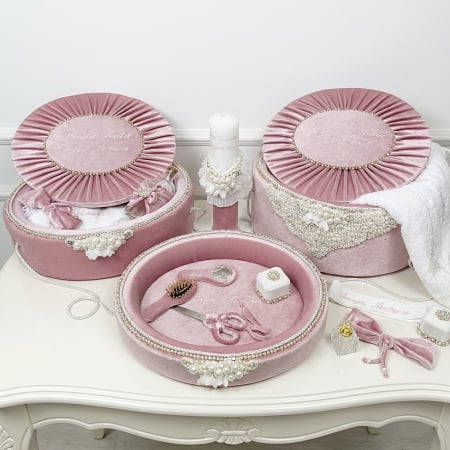 Trusouri botez Glamour - Set trusou botez cu lumanare + Set prima baita + tavita taierea motului Glamour