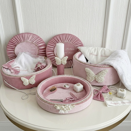 Trusouri botez Glamour - Set trusou botez cu lumanare + Set prima baita + tavita taierea motului Glamour