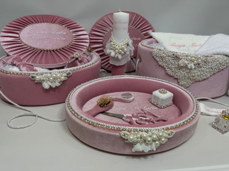 Trusouri botez Glamour - Set trusou botez cu lumanare + Set prima baita + tavita taierea motului Glamour
