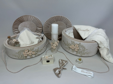 Trusouri Botez Elegance - Set trusou botez la cufar din catifea  si lumanare+ Set prima baita Elegance