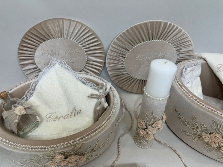 Set trusou botez la cufar din catifea  si lumanare+ Set prima baita Elegance [2]