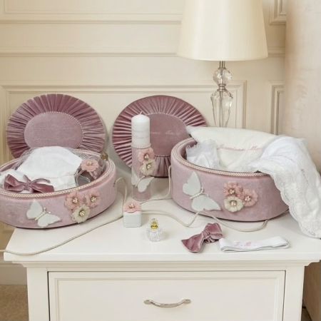 Trusouri Botez Elegance - Set trusou botez la cufar din catifea si lumanare+ Set prima baita Elegance