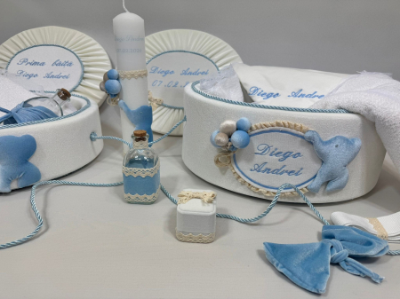 Trusouri botez Luxury - Set trusou botez la cufar din catifea si lumanare+ Set prima baita Luxury