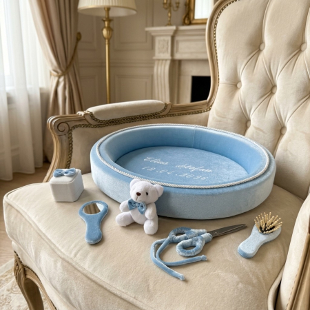 Set taierea motului - Tavita mot din catifea culoare blue model cu ursulet