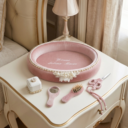 Set taierea motului - Tavita mot din catifea culoare roz prafuit model cu margele