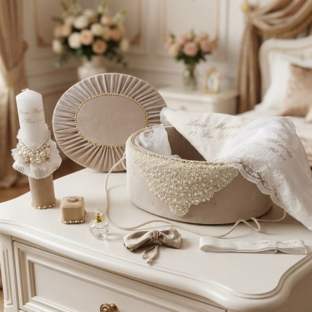 Trusouri botez Glamour - Trusou botez in cufar din catifea si lumanare model Glamour cu margele culoare bej