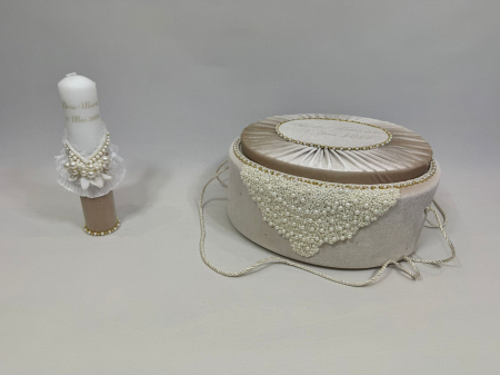 Trusou botez in cufar din catifea si lumanare model Glamour cu margele culoare bej [5]
