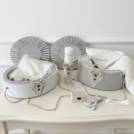 Trusouri botez Deluxe - Trusou botez la cufar din catifea si lumanare + Set de Prima  Baita Deluxe
