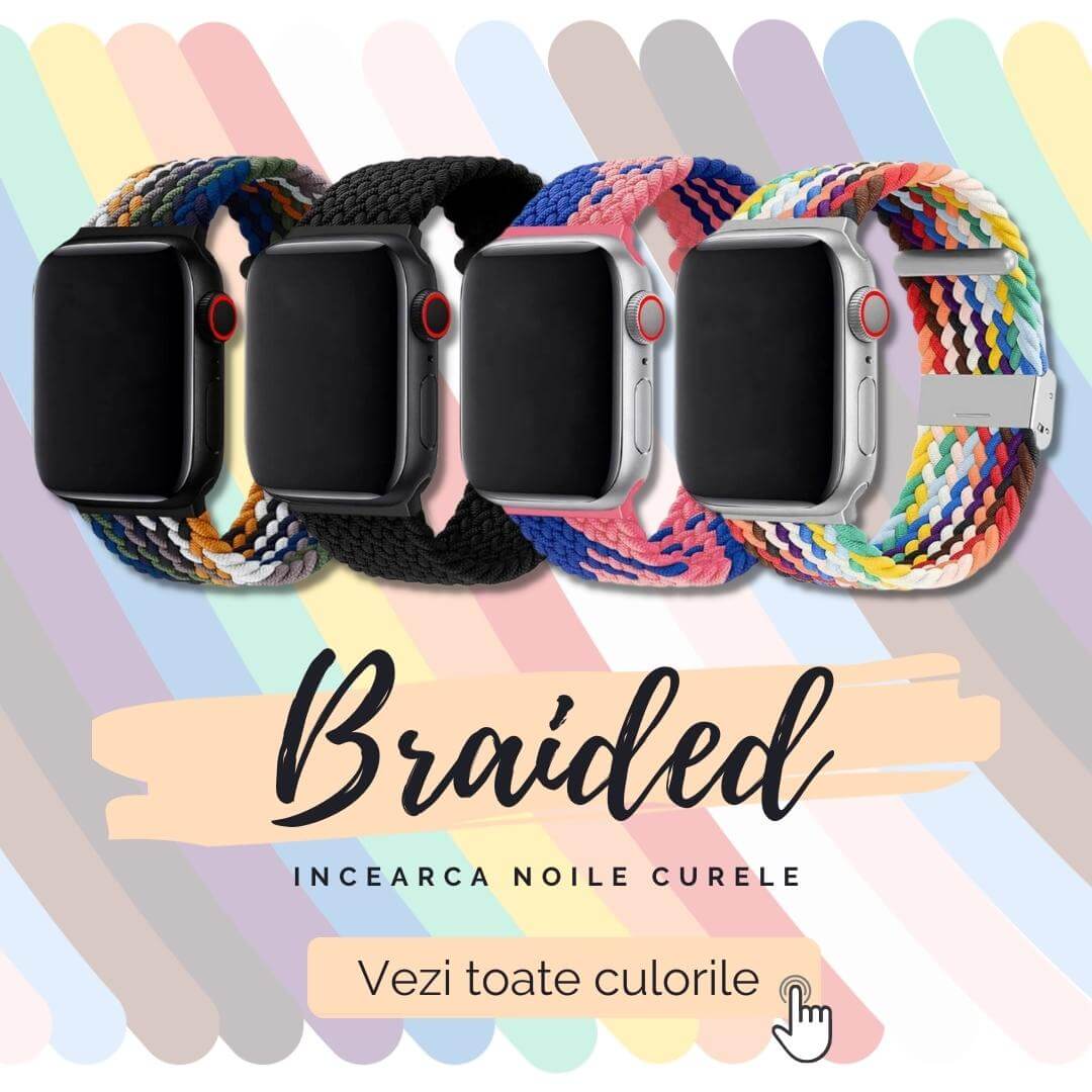 Noile curele pentru Apple Watch, Braided Design, sunt disponibile acum pe olbo.ro! Compatibile cu seria 3,4,5,SE,6 sau chiar cu noul Apple Watch Seria 7. Curelele sunt disponibile atat pentru dimensiunile mici ale Apple Watch-ului 38/40/41mm cat si cu dimensiunile mari 42/44/45mm. Stocul e limitat!