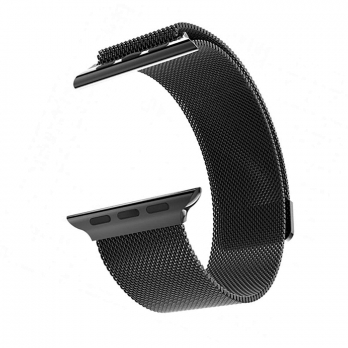 Curea eleganta Milanese Loop, pentru Apple Watch, magnetica, neagra, din metal(otel inoxidabil), compatibila cu iWatch seria 3 42mm, seria 4 44mm, seria 5 44mm, seria SE 44mm, seria 6 44mm sau seria 7 45mm [12]