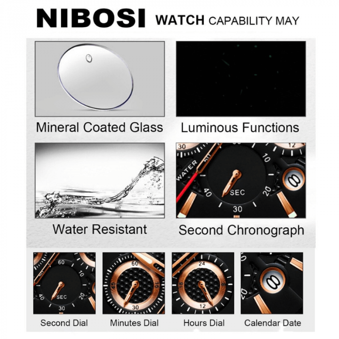 Ceas de mana barbatesc Nibosi 2313 cu un corp auriu rose din otel inoxidabil, cadran negru, curea metalica de calitate superioara realizata de asemenea tot din otel inoxidabil [6]