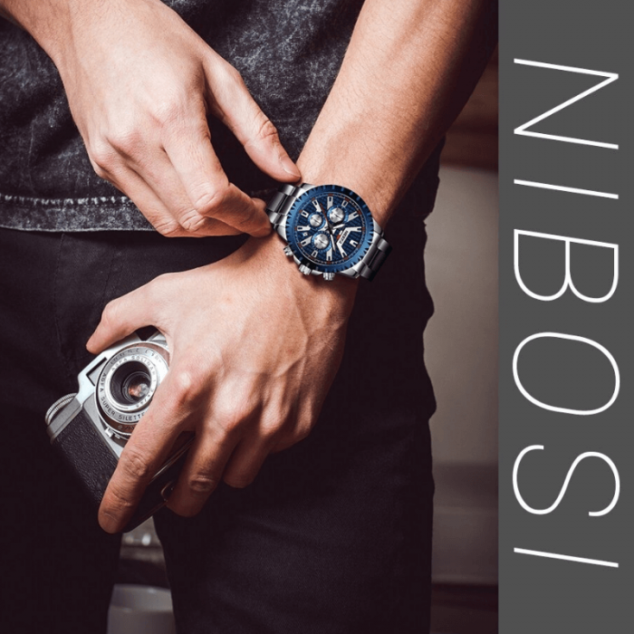 Ceas de mana barbatesc Nibosi 2505 cu un corp argintiu din otel inoxidabil, cadran albastru, curea metalica de calitate superioara realizata de asemenea tot din otel inoxidabil [8]