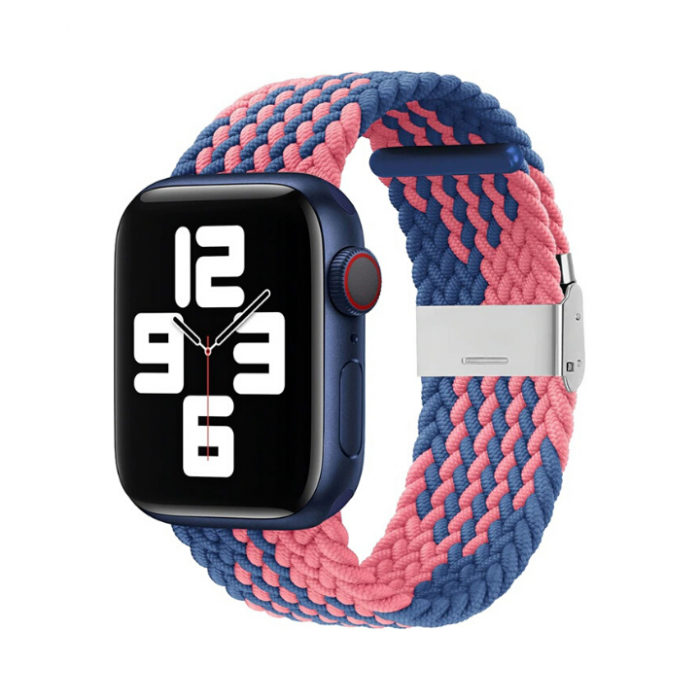 Curea pentru Apple Watch, sport braided loop, roz si albastra, din nylon(material textil), compatibila cu iWatch seria 3 38mm, seria 4 40mm, seria 5 40mm, seria SE 40mm, seria 6 40mm sau seria 7 41mm [1]