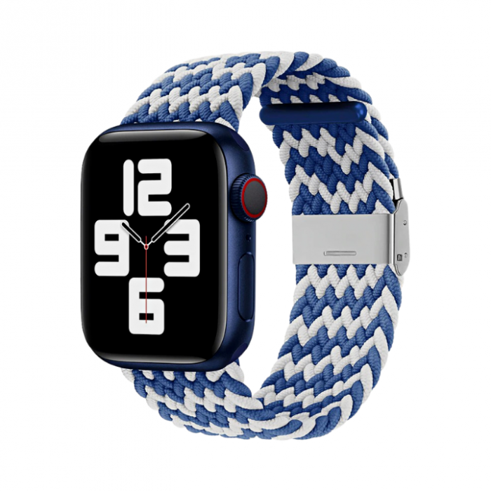 Curea pentru Apple Watch, sport loop, din nylon(material textil) alb-albastru, compatibila cu iWatch seria 3 42mm, seria 4 44mm, seria 5 44mm, seria SE 44mm, seria 6 44mm sau seria 7 45mm [1]