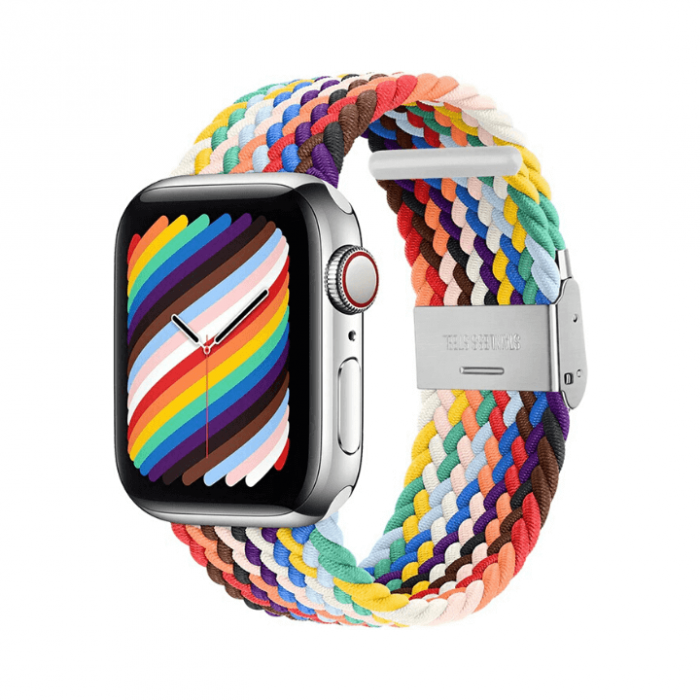 Curea pentru Apple Watch, sport braided loop, multicolora (curcubeu), din nylon(material textil), compatibila cu iWatch seria 3 42mm, seria 4 44mm, seria 5 44mm, seria SE 44mm, seria 6 44mm sau seria 7 45mm [1]
