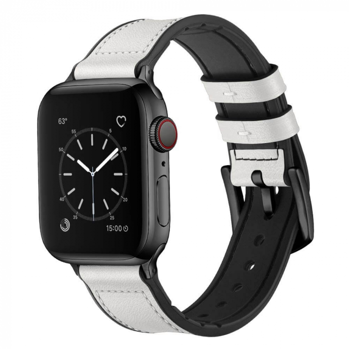Curea pentru Apple Watch, eleganta, din silicon si piele alba, compatibila cu iWatch seria 3 42mm, seria 4 44mm, seria 5 44mm, seria SE 44mm, seria 6 44mm sau seria 7 45mm [2]